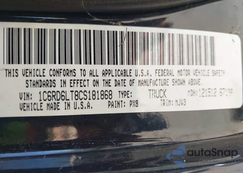 2012 Ram 1500 Slt из США, поврежденный, VIN 1C6RD6LT8CS181868